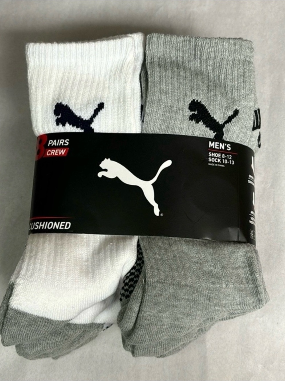 New Puma Socks Men’s 8 Pair White & Gray Cushioned Crew Socks Casual Activewear
